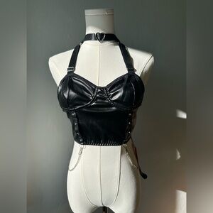 Goth Black Crop Top faux leather choker heart - chains Alt Punk